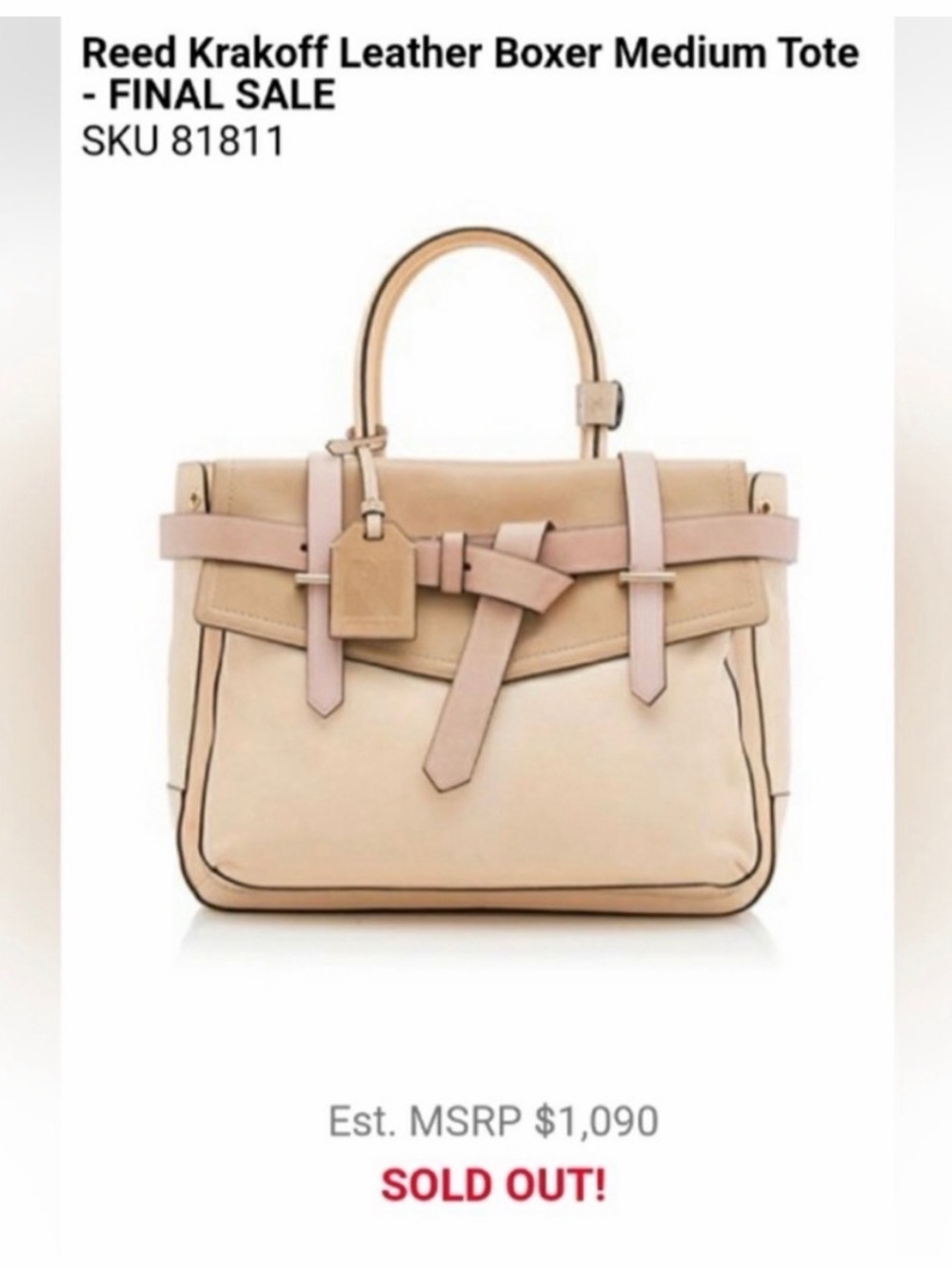 Reed Krakoff Leather Boxer
Tote Straps Pockets Large
Beige Pink Pocket Purse Bag